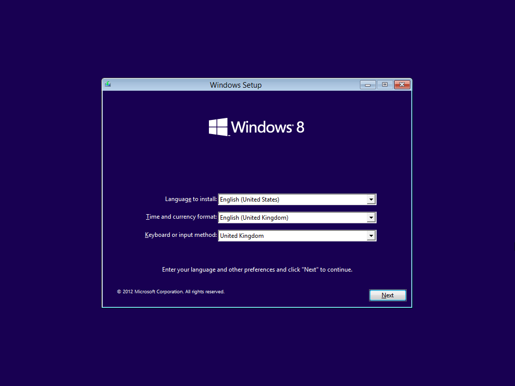 Windows 8 Installation/Setup Screen (2012)